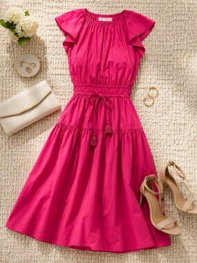 Maggy London Tie Detail Waist Vivid Pink Midi Dress NWT Last One Work Events